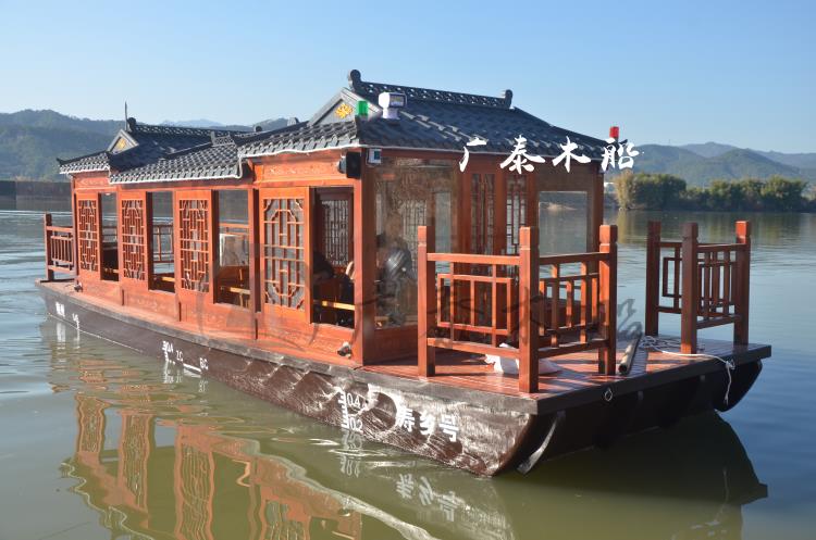 梅州电动旅游观光木船双层景观木屋农庄仿古餐饮画舫船厂家