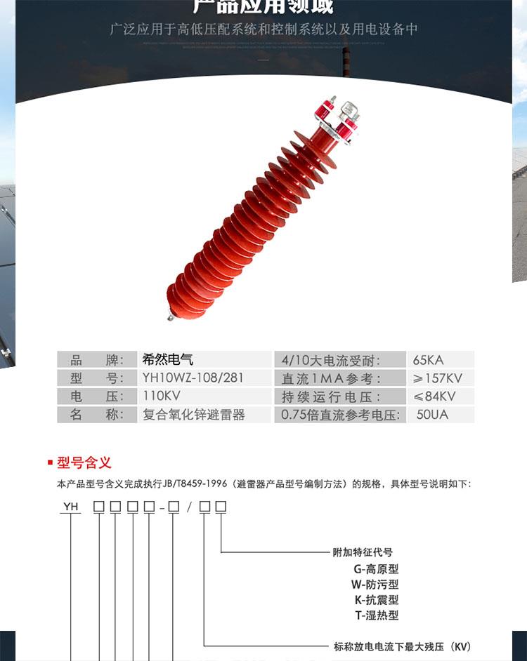 國標(biāo)有檢測報告氧化鋅避雷器HY10CX-108-281