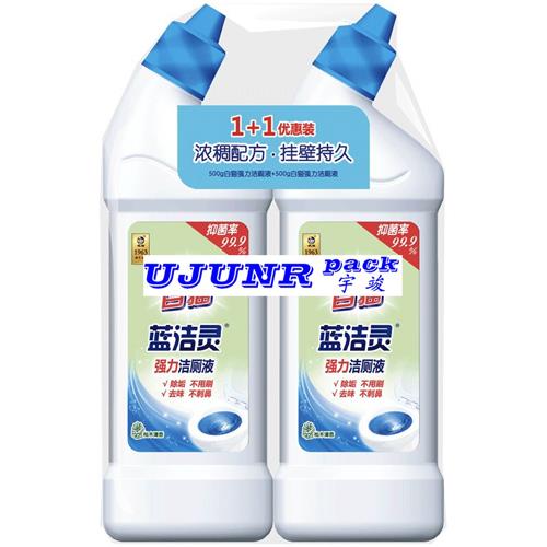 500g白猫家用洁厕液瓶-全自动不干胶双侧面扁瓶贴标机